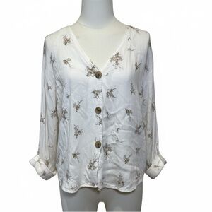 Something Navy V-Neck Button-Down Blouse in Cream Floral Size Small